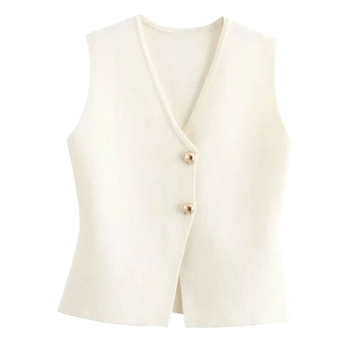 Women's Ribbed Knit Vest V-Neck Gold-Button Vest - White