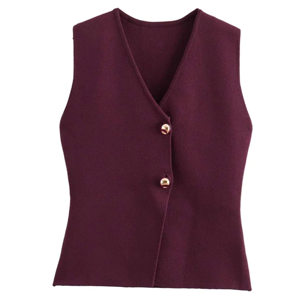 Women's Ribbed Knit Vest V-Neck Gold-Button Vest - Burgundy