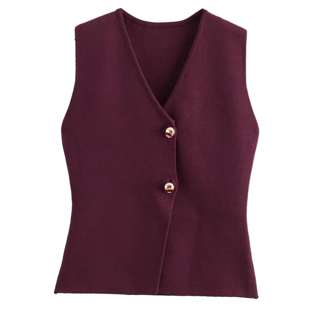 Women's Ribbed Knit Vest V-Neck Gold-Button Vest - Burgundy