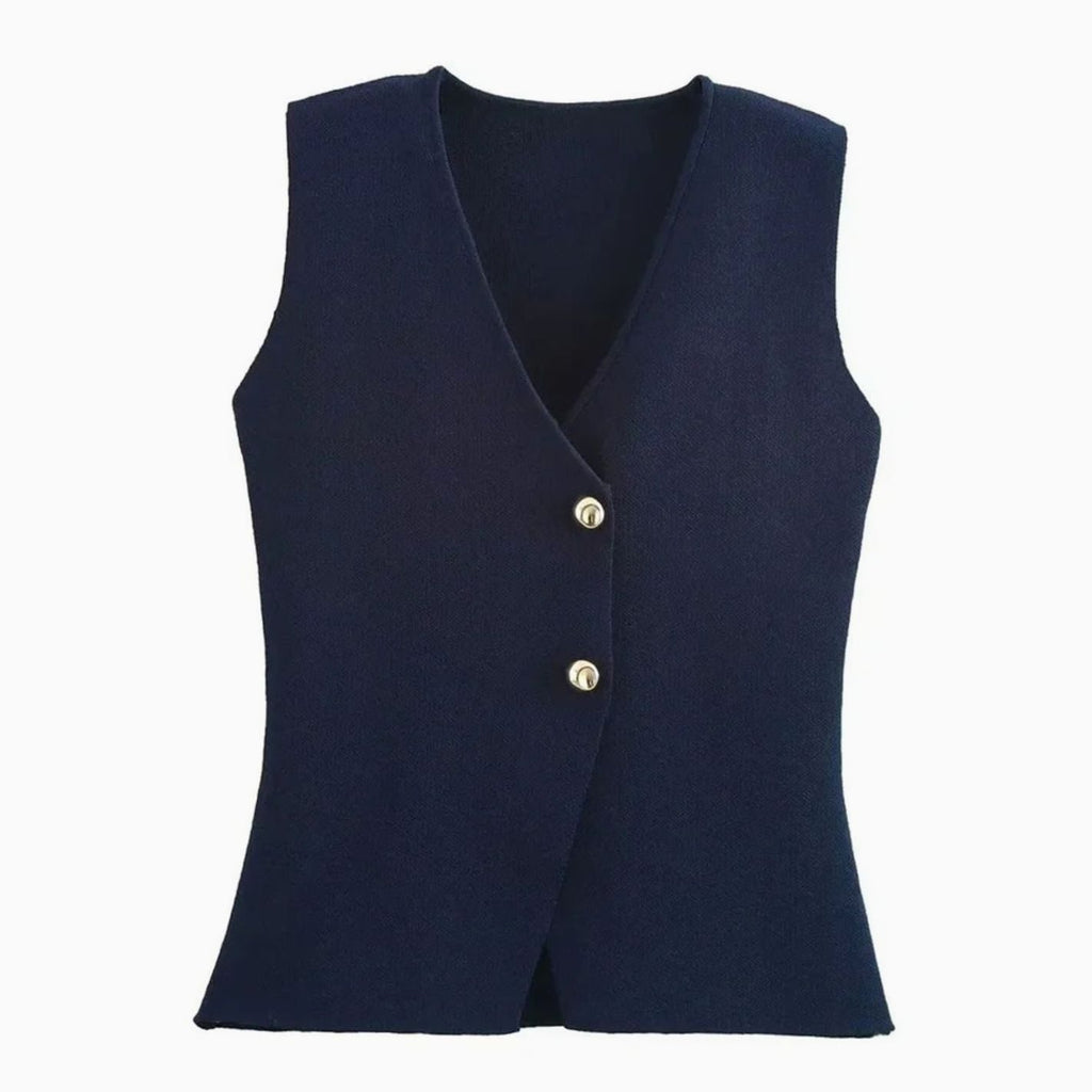 Women's Ribbed Knit Vest V-Neck Gold-Button Vest - Navy