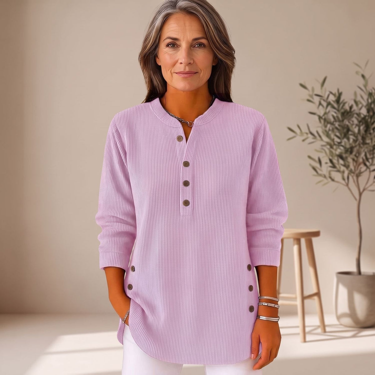 Women's Ribbed Long Sleeve Crew Neck Button Henley Sweater - Pink