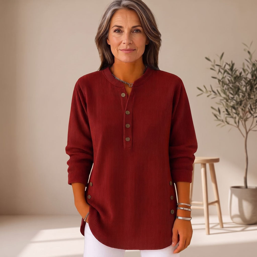Women's Ribbed Long Sleeve Crew Neck Button Henley Sweater - Red