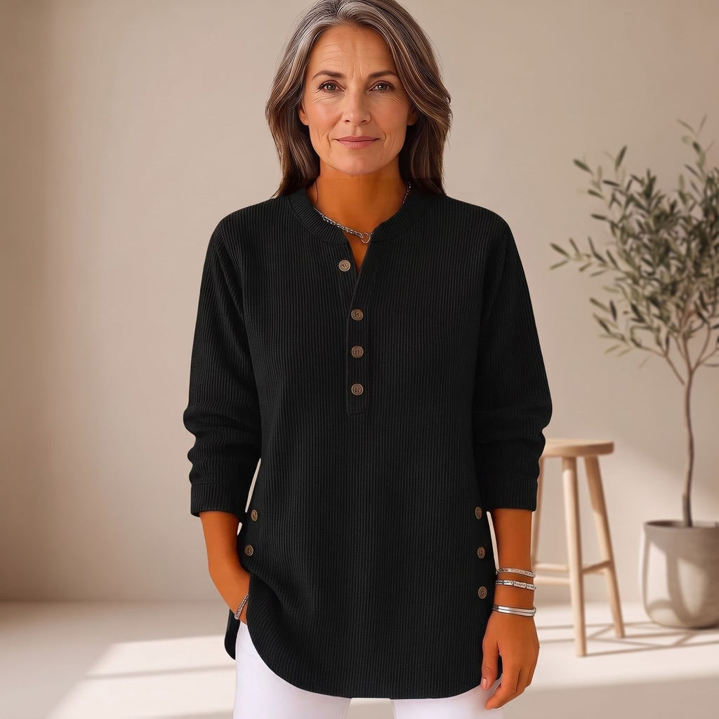 Women's Ribbed Long Sleeve Crew Neck Button Henley Sweater - Black