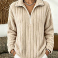 Women's Ribbed Plush Fleece Quarter-Zip Pullover Sweater - Apricot