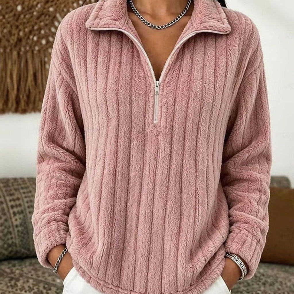 Women's Ribbed Plush Fleece Quarter-Zip Pullover Sweater - Pink