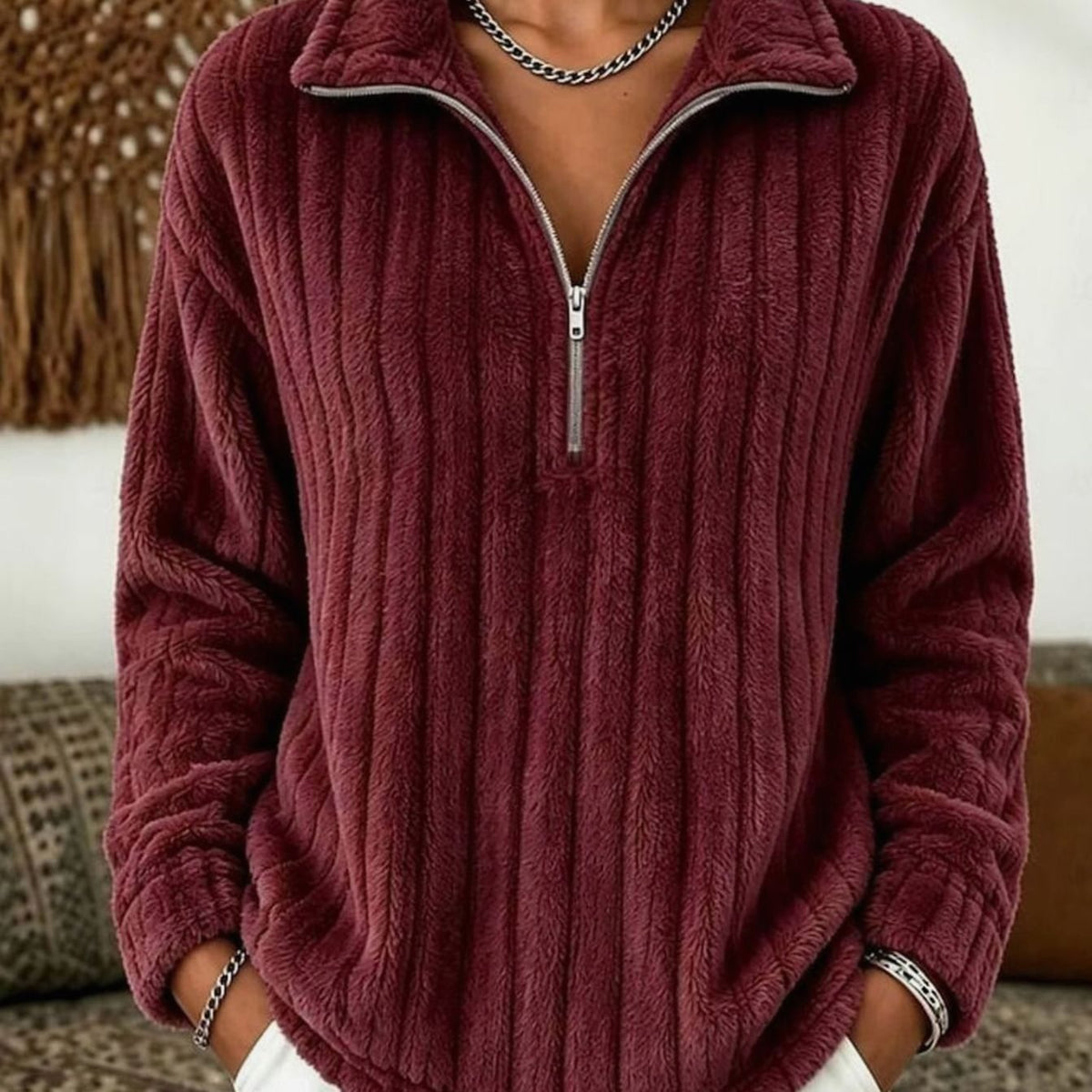 Women's Ribbed Plush Fleece Quarter-Zip Pullover Sweater - Red