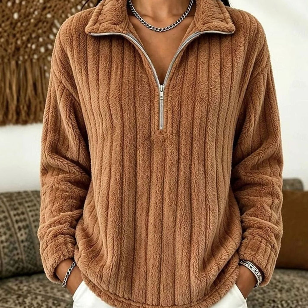 Women's Ribbed Plush Fleece Quarter-Zip Pullover Sweater - Light Brown