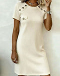 Women's Ribbed Short-Sleeve Eyelet-Trim Bodycon Mini Dress - Beige