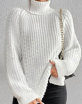 Women's Ribbed Turtleneck Sweater Long-Sleeve Knit Pullover - White