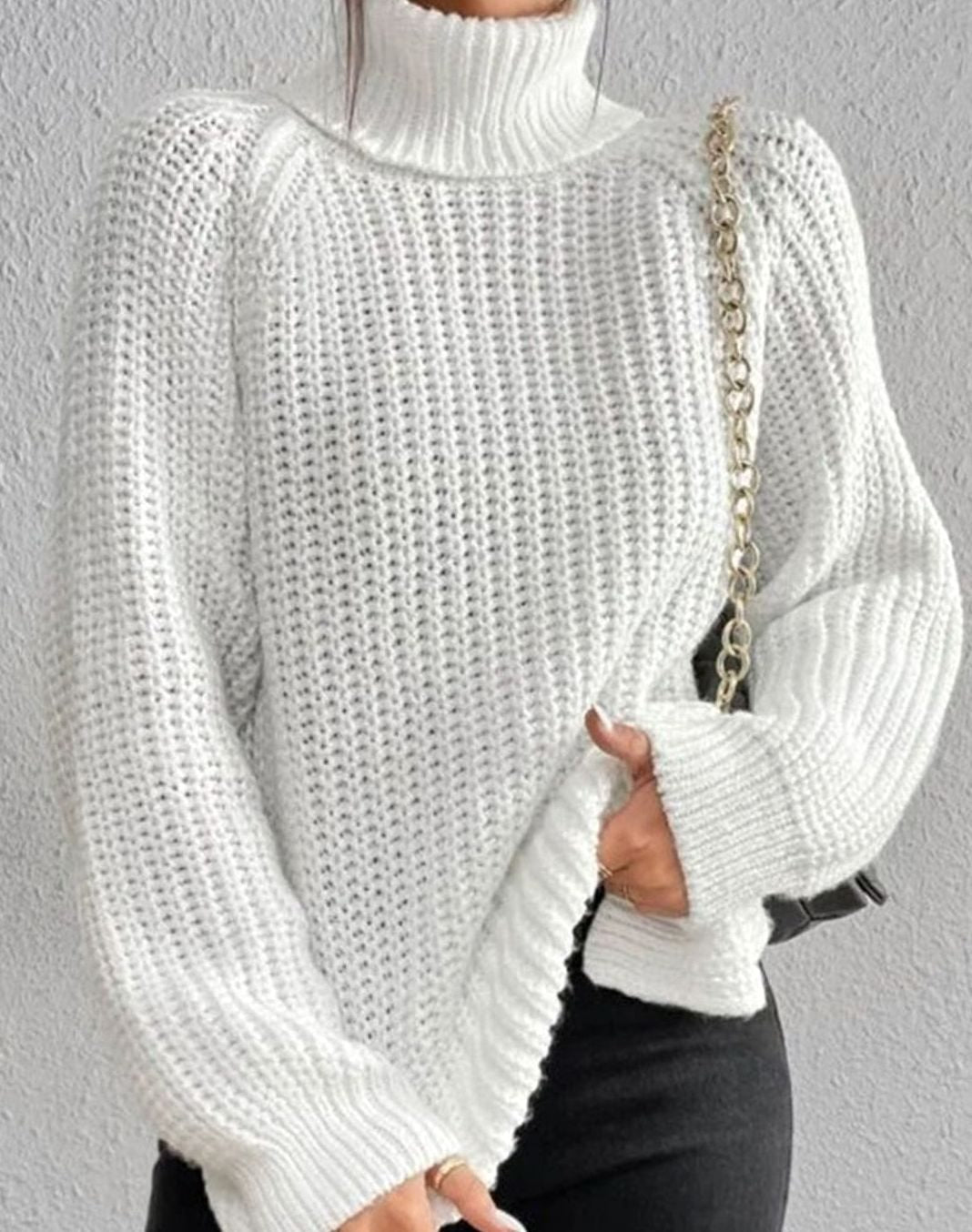 Women's Ribbed Turtleneck Sweater Long-Sleeve Knit Pullover - White