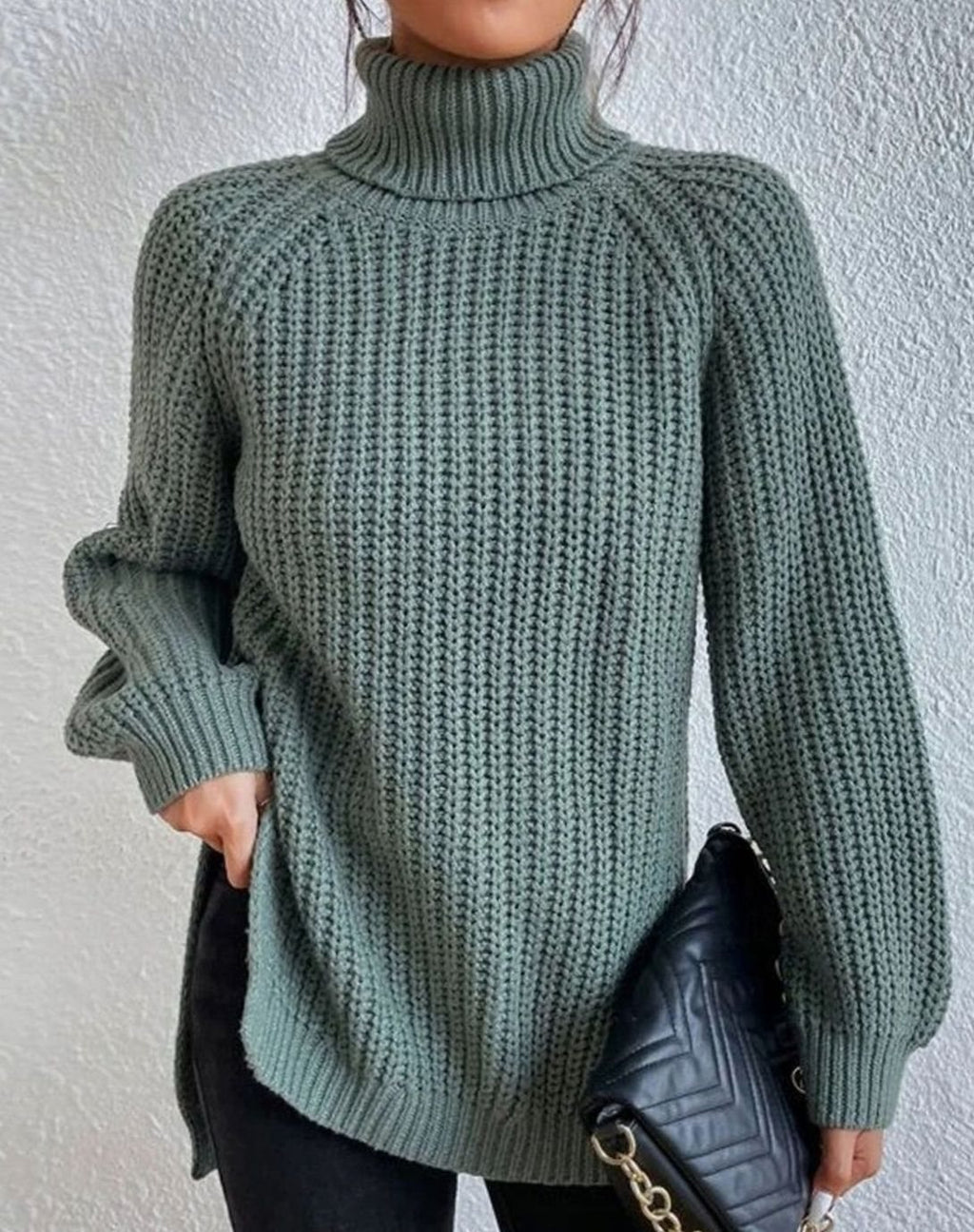 Women's Ribbed Turtleneck Sweater Long-Sleeve Knit Pullover - Green