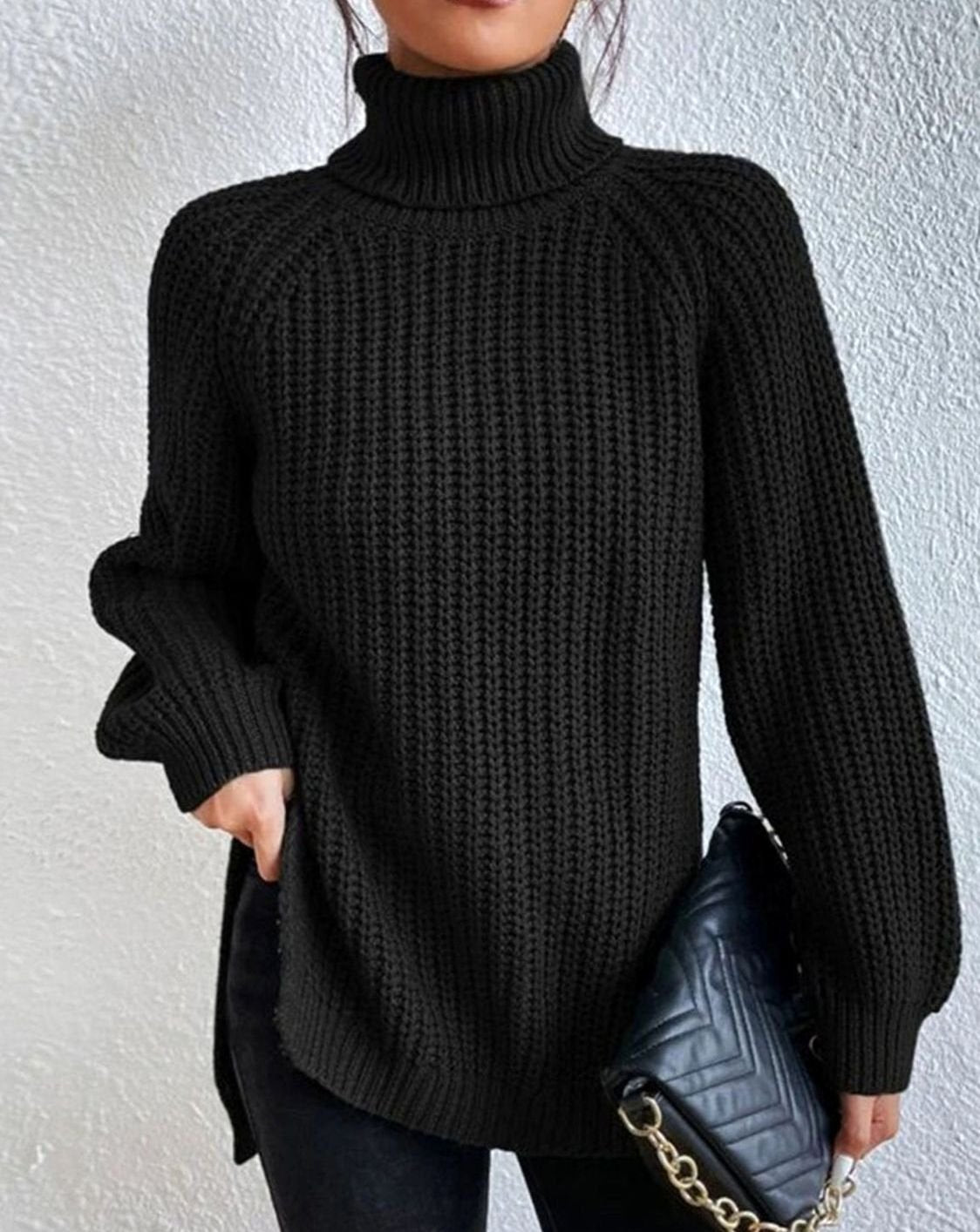 Women's Ribbed Turtleneck Sweater Long-Sleeve Knit Pullover - Black