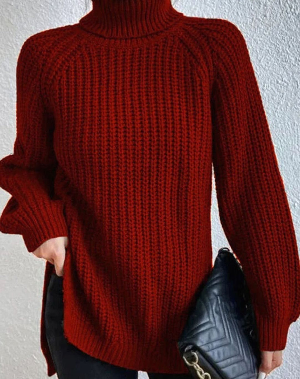 Women's Ribbed Turtleneck Sweater Long-Sleeve Knit Pullover - Burgundy