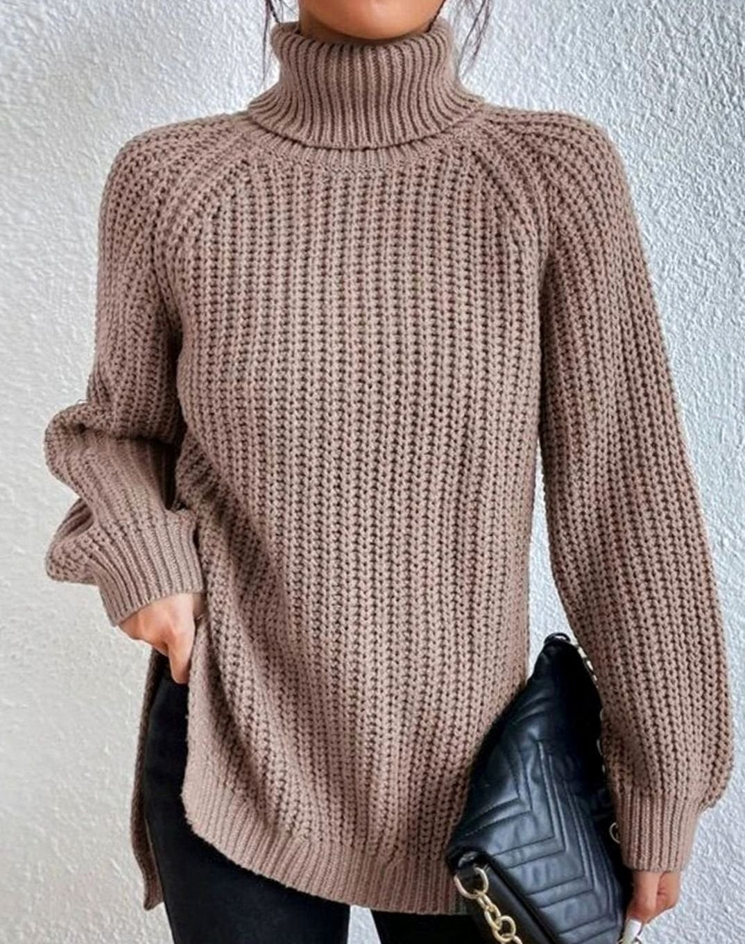 Women's Ribbed Turtleneck Sweater Long-Sleeve Knit Pullover - Khaki