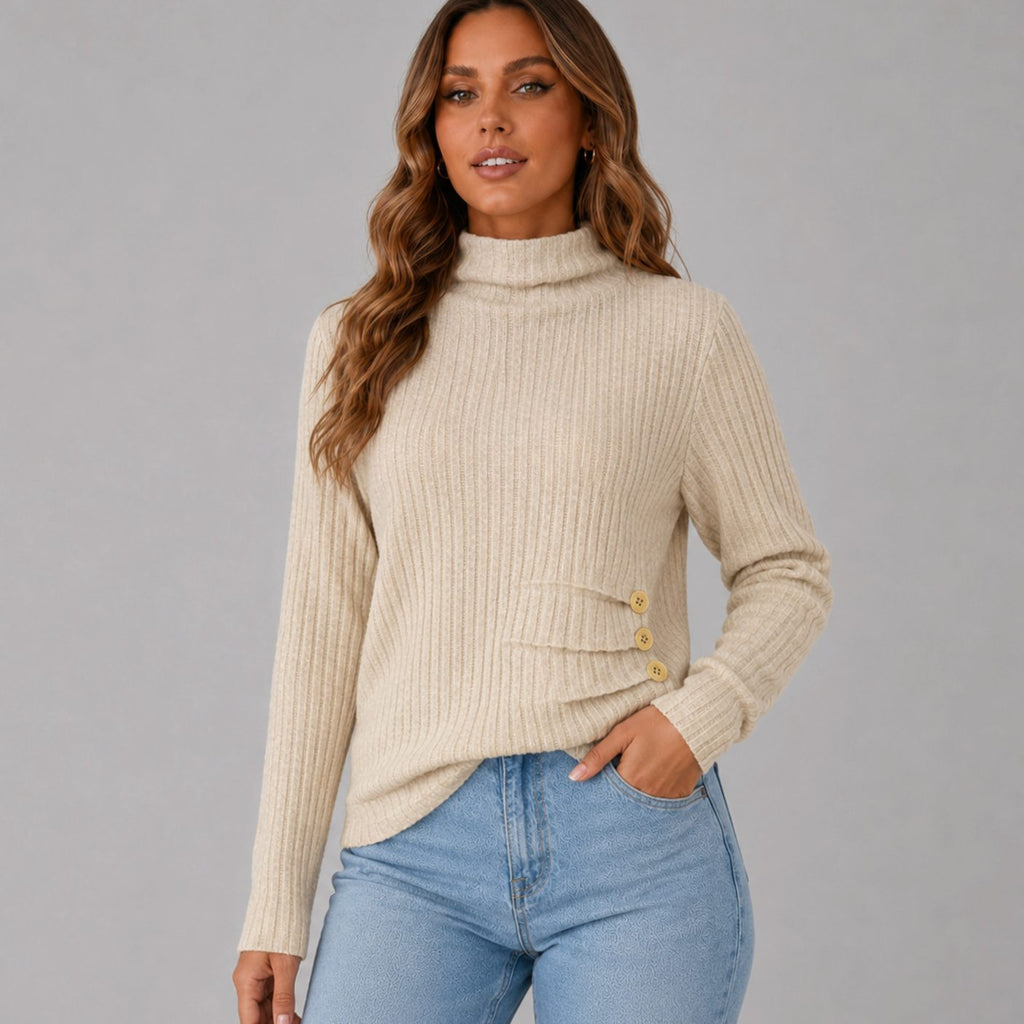 Women's Ribbed Turtleneck Sweater Side Button Hip-Length Pullover - Beige