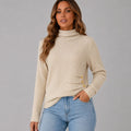 Women's Ribbed Turtleneck Sweater Side Button Hip-Length Pullover - Beige