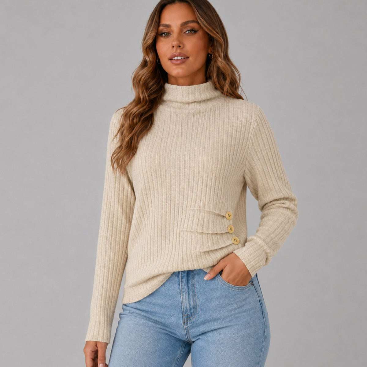 Women's Ribbed Turtleneck Sweater Side Button Hip-Length Pullover - Beige