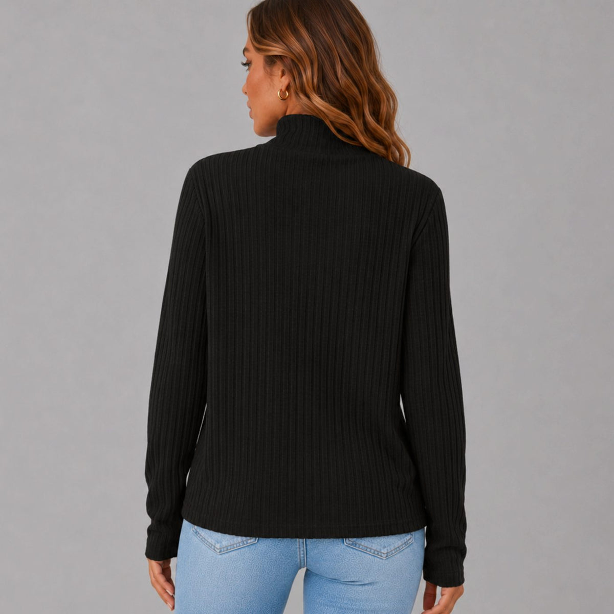 Women's Ribbed Turtleneck Sweater Side Button Hip-Length Pullover