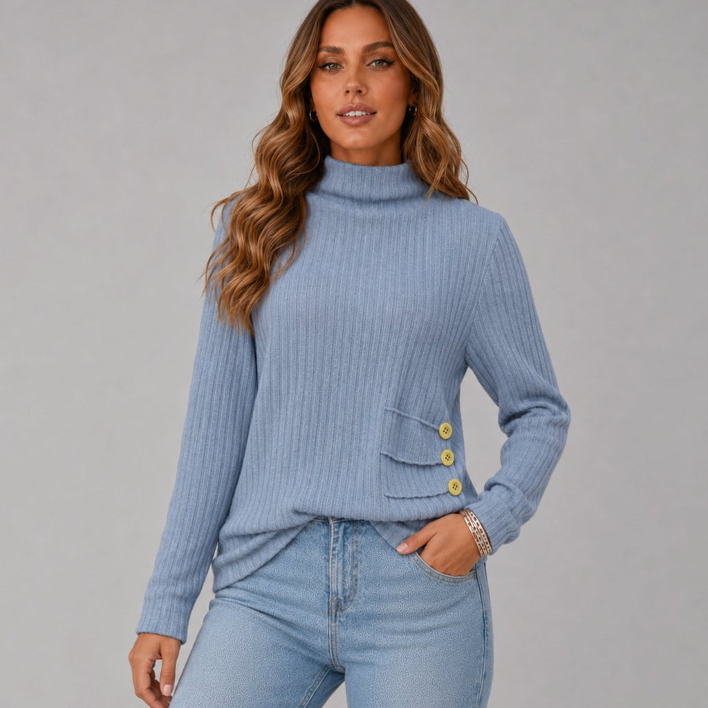 Women's Ribbed Turtleneck Sweater Side Button Hip-Length Pullover - Blue