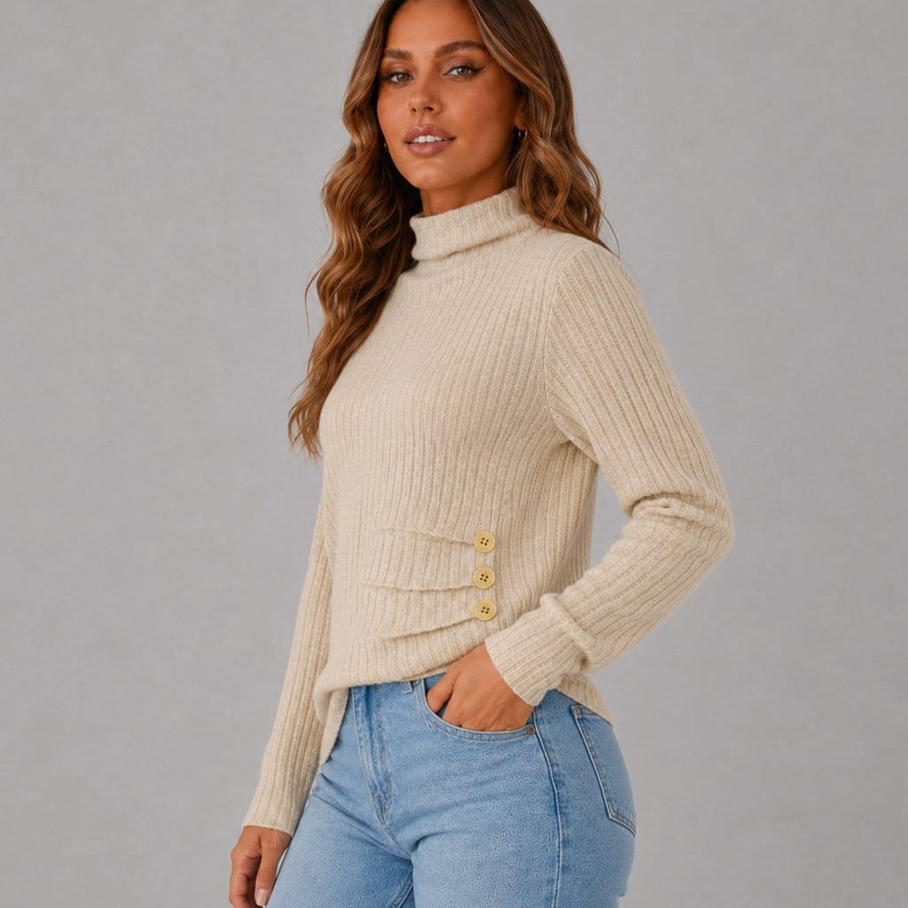 Women's Ribbed Turtleneck Sweater Side Button Hip-Length Pullover