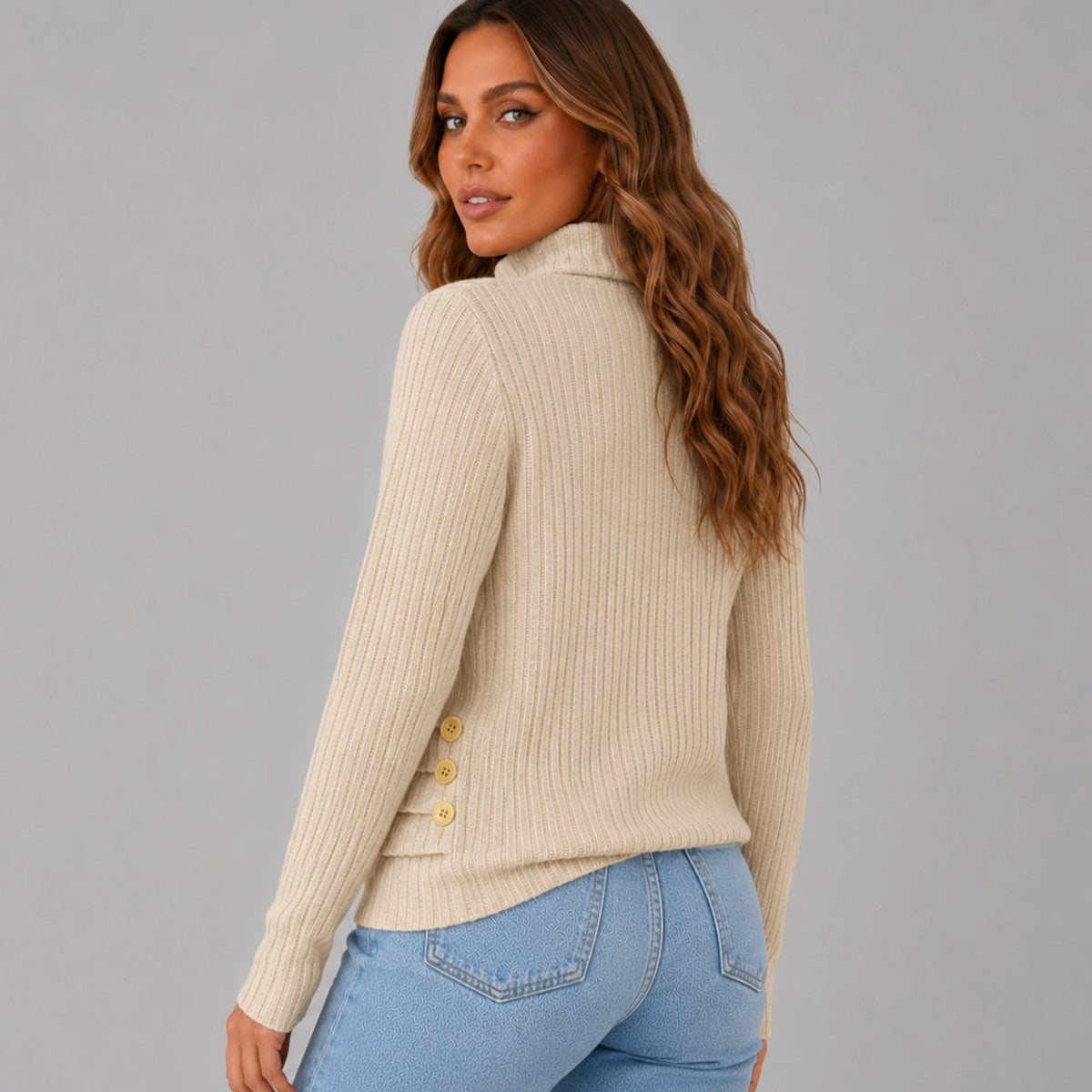 Women's Ribbed Turtleneck Sweater Side Button Hip-Length Pullover