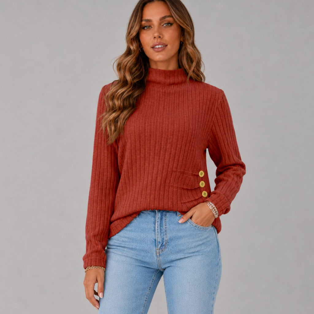 Women's Ribbed Turtleneck Sweater Side Button Hip-Length Pullover - Red