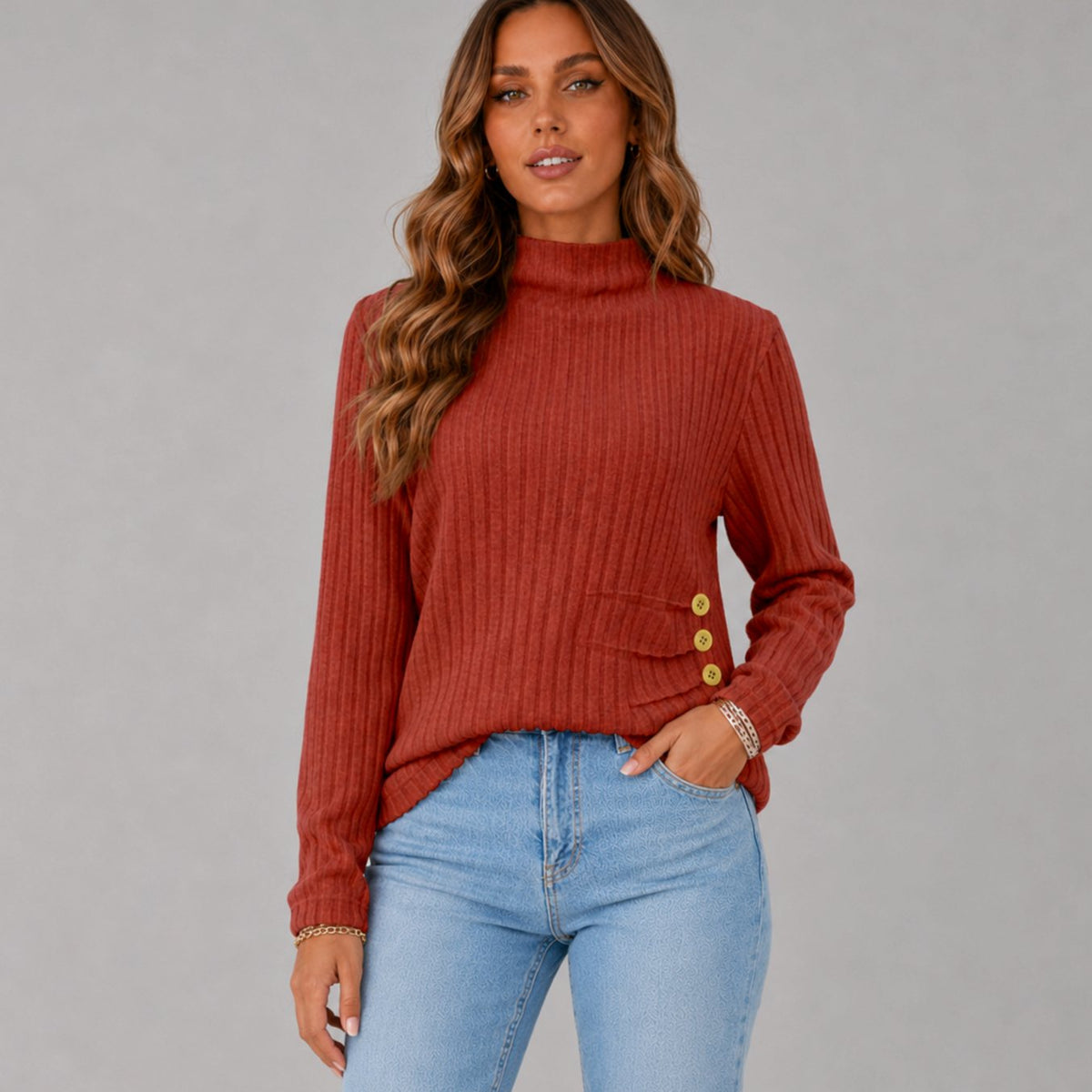 Women's Ribbed Turtleneck Sweater Side Button Hip-Length Pullover - Red