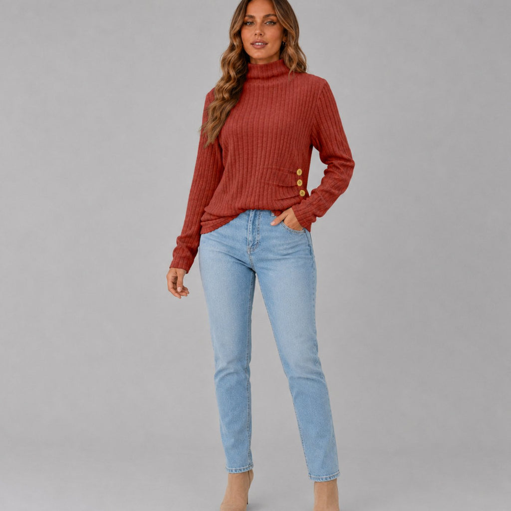 Women's Ribbed Turtleneck Sweater Side Button Hip-Length Pullover