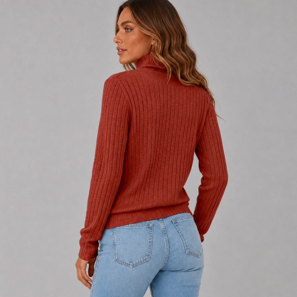 Women's Ribbed Turtleneck Sweater Side Button Hip-Length Pullover