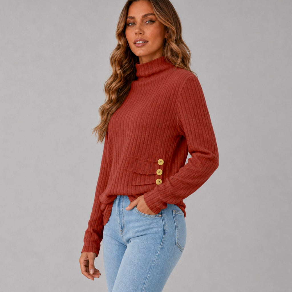 Women's Ribbed Turtleneck Sweater Side Button Hip-Length Pullover