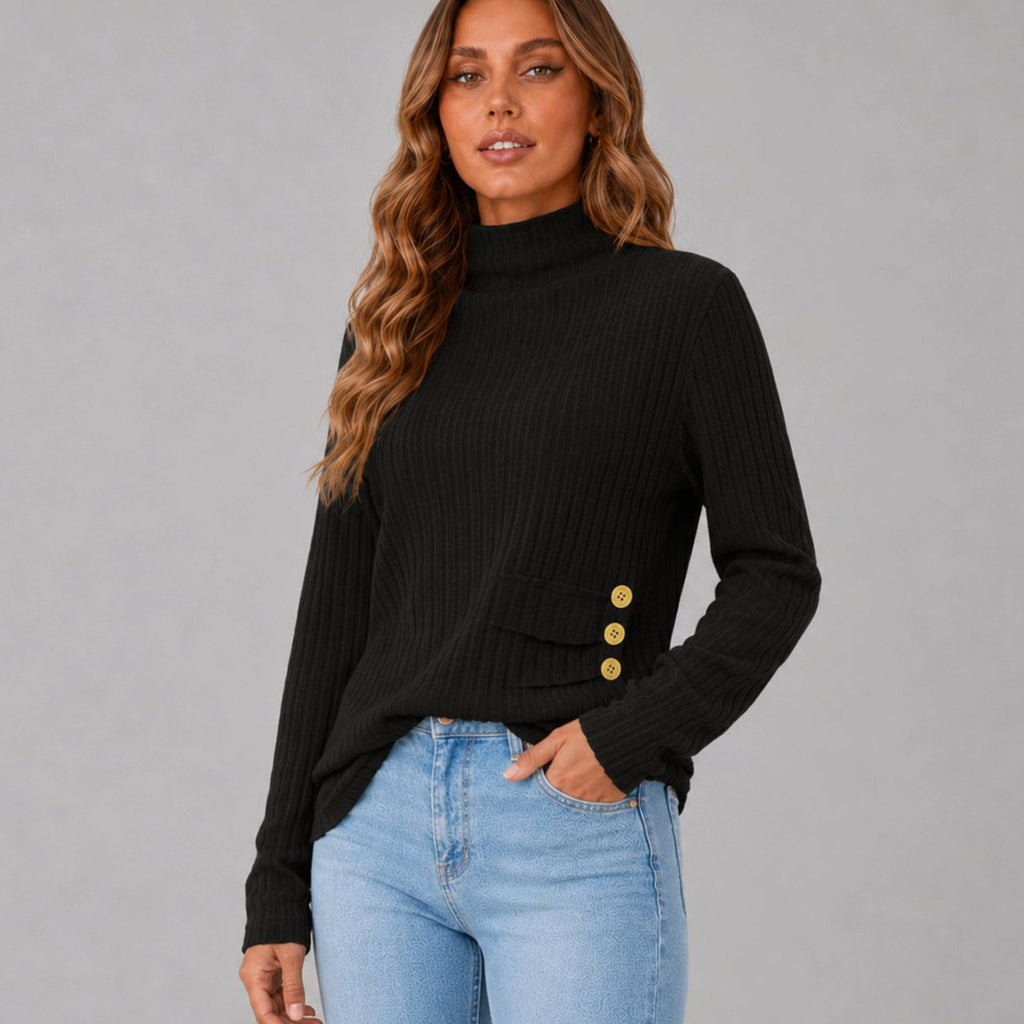 Women's Ribbed Turtleneck Sweater Side Button Hip-Length Pullover - Black