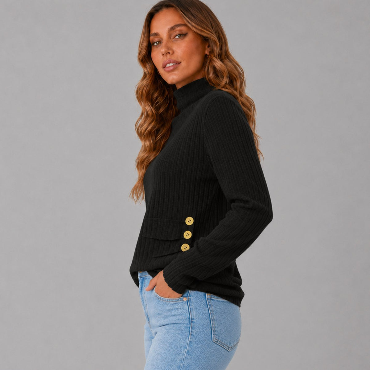 Women's Ribbed Turtleneck Sweater Side Button Hip-Length Pullover