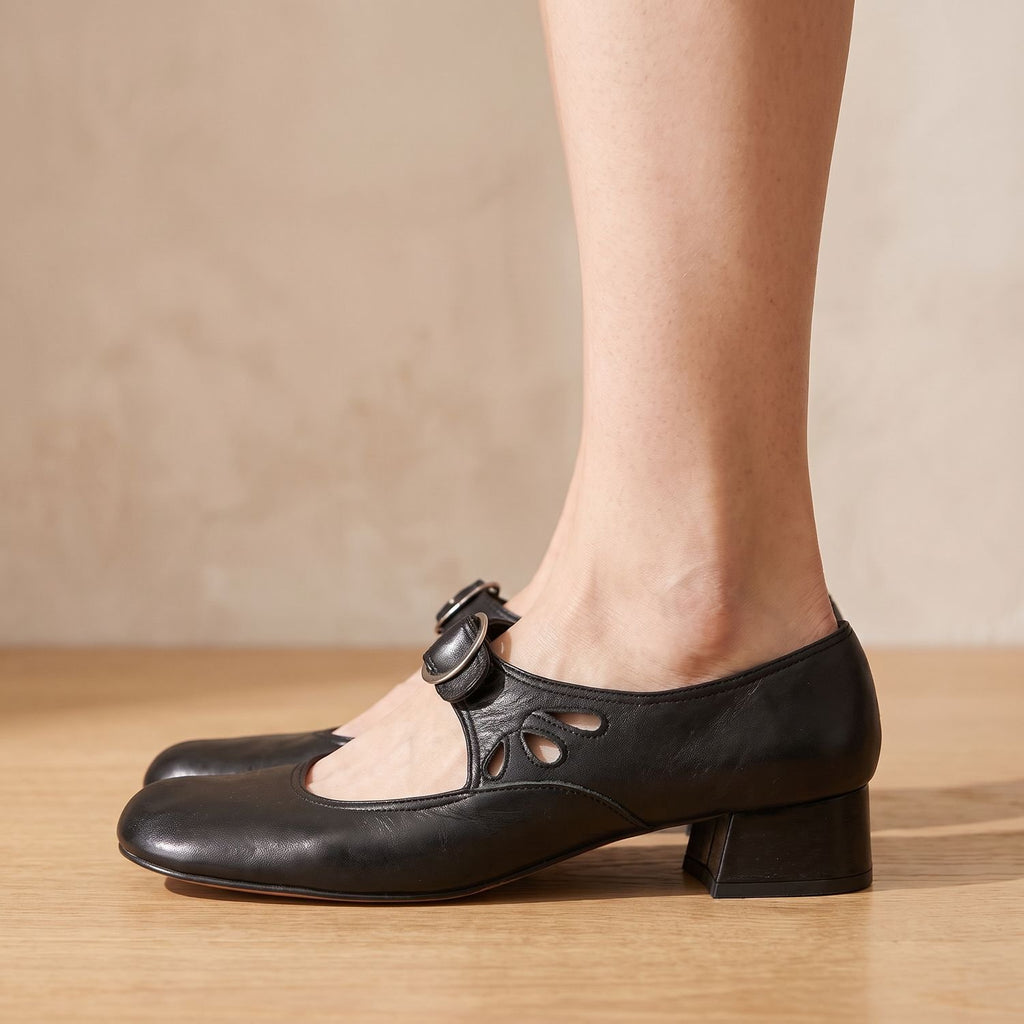 Women's Round-Toe Buckle-Strap Low-Heel Mary Jane Flats
