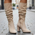 Women's Ruched Faux Suede Block Heel Knee High Boots - Light Brown