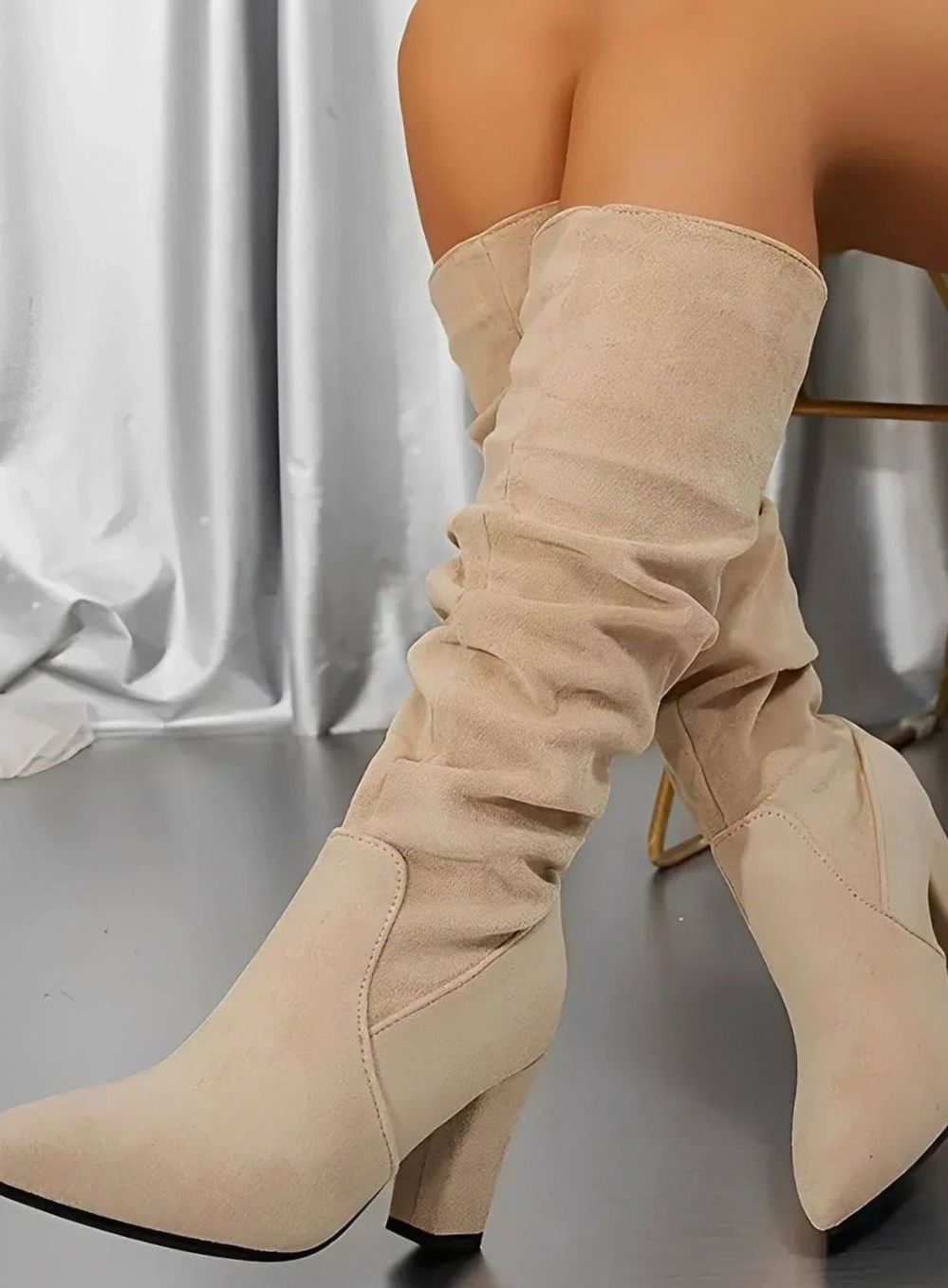 Women's Ruched Faux Suede Block Heel Knee High Boots