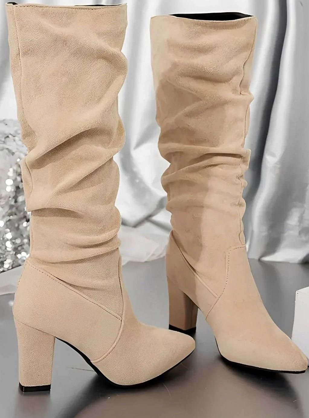 Women's Ruched Faux Suede Block Heel Knee High Boots