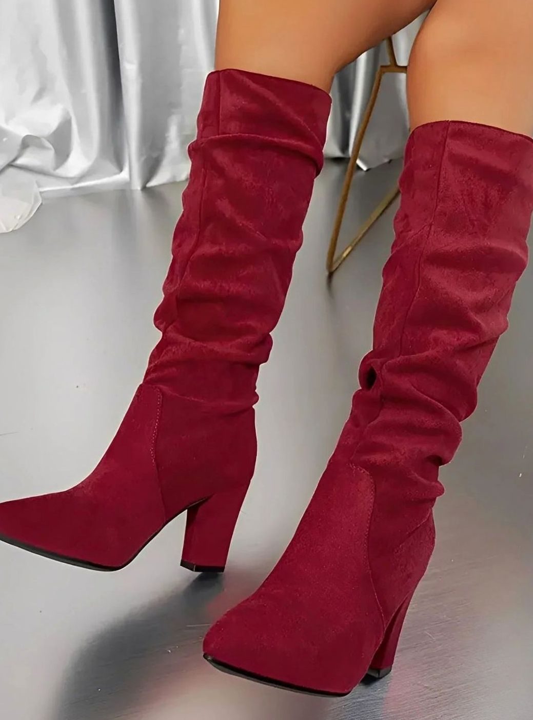 Women's Ruched Faux Suede Block Heel Knee High Boots