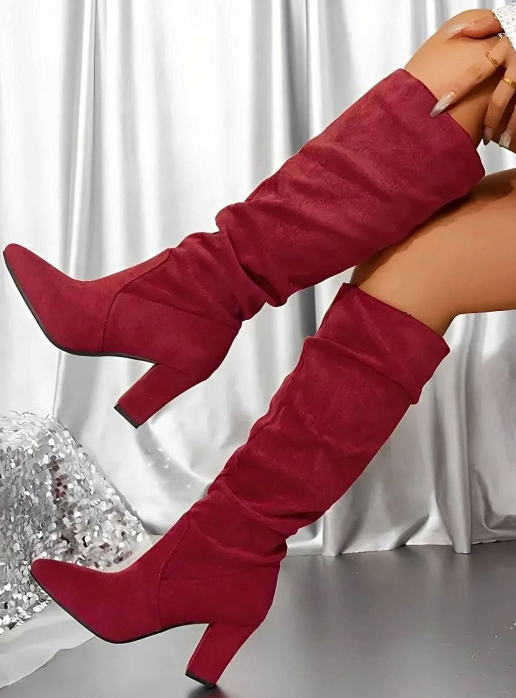 Women's Ruched Faux Suede Block Heel Knee High Boots - Burgundy Red