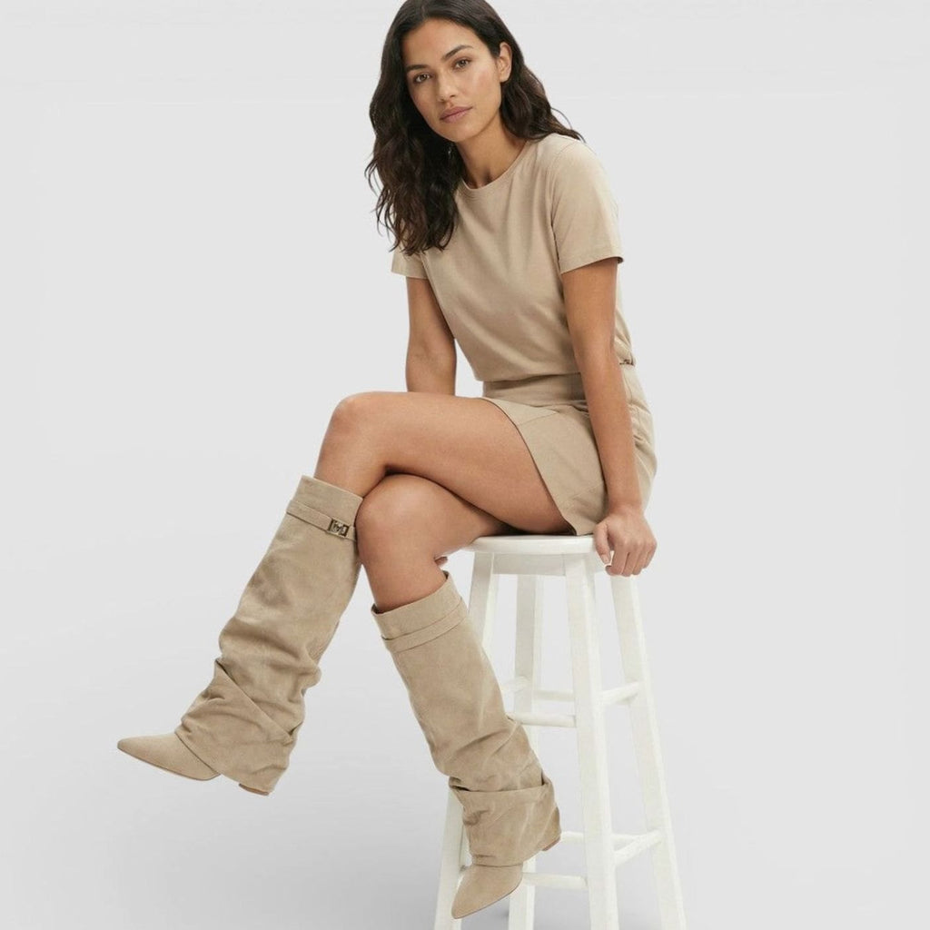 Women's Ruched Pointed-Toe Knee High Boots Low Block Heel