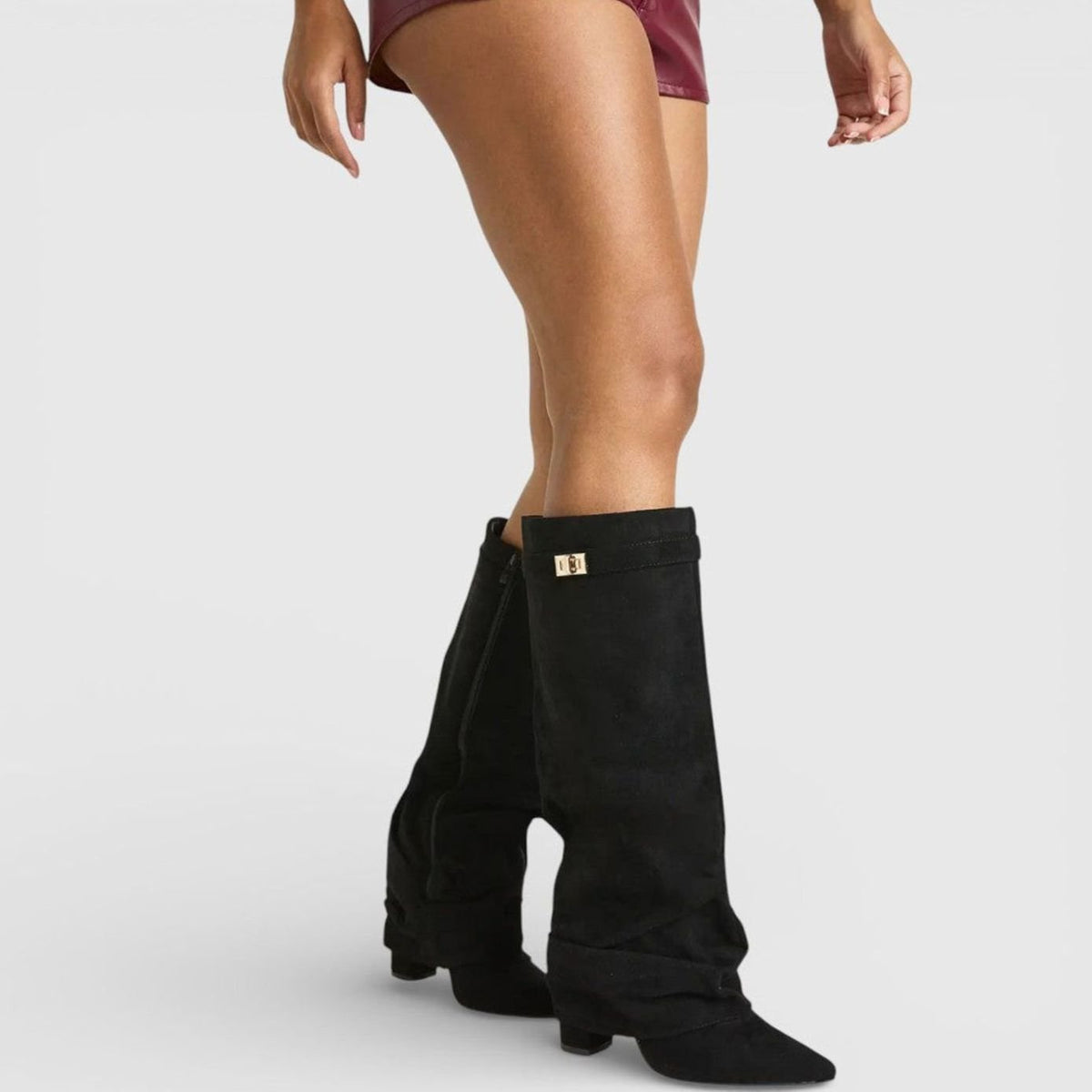 Women's Ruched Pointed-Toe Knee High Boots Low Block Heel - Black