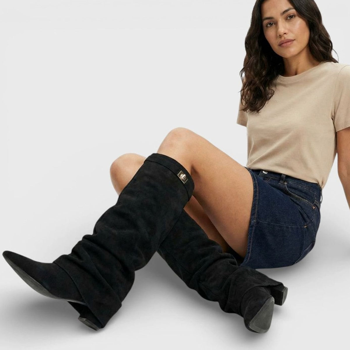 Women's Ruched Pointed-Toe Knee High Boots Low Block Heel