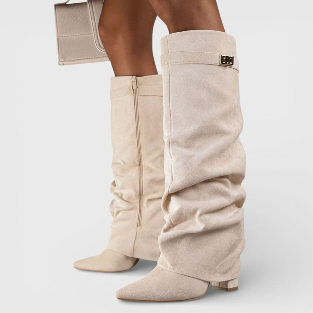 Women's Ruched Pointed-Toe Knee High Boots Low Block Heel - Beige
