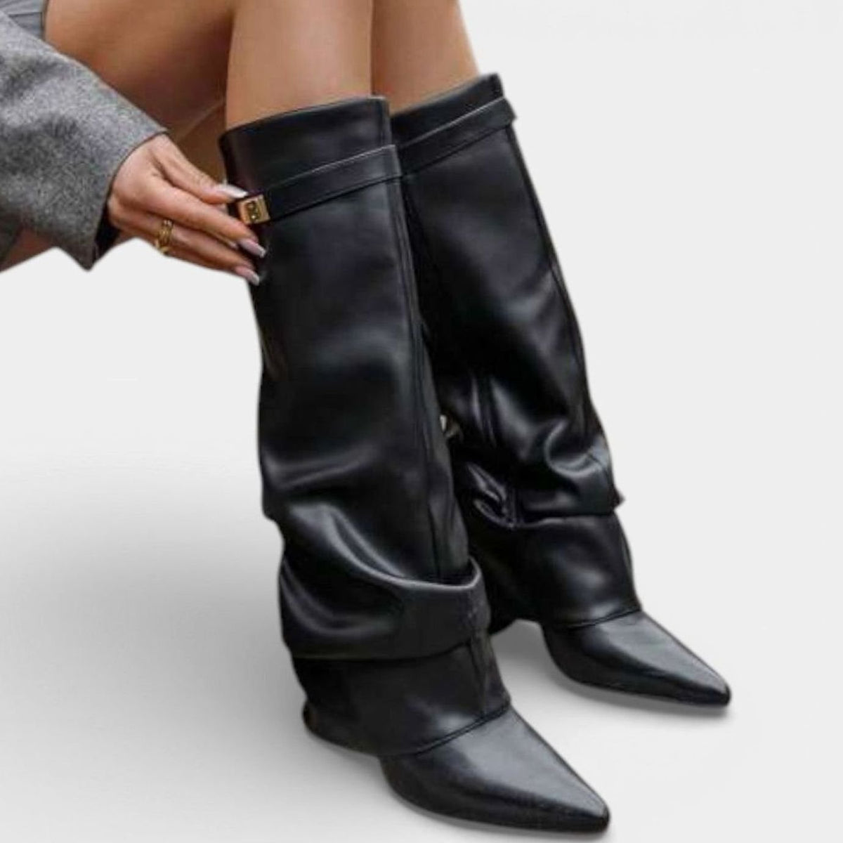 Women's Ruched Pointed-Toe Knee High Boots Low Block Heel - Black Nude