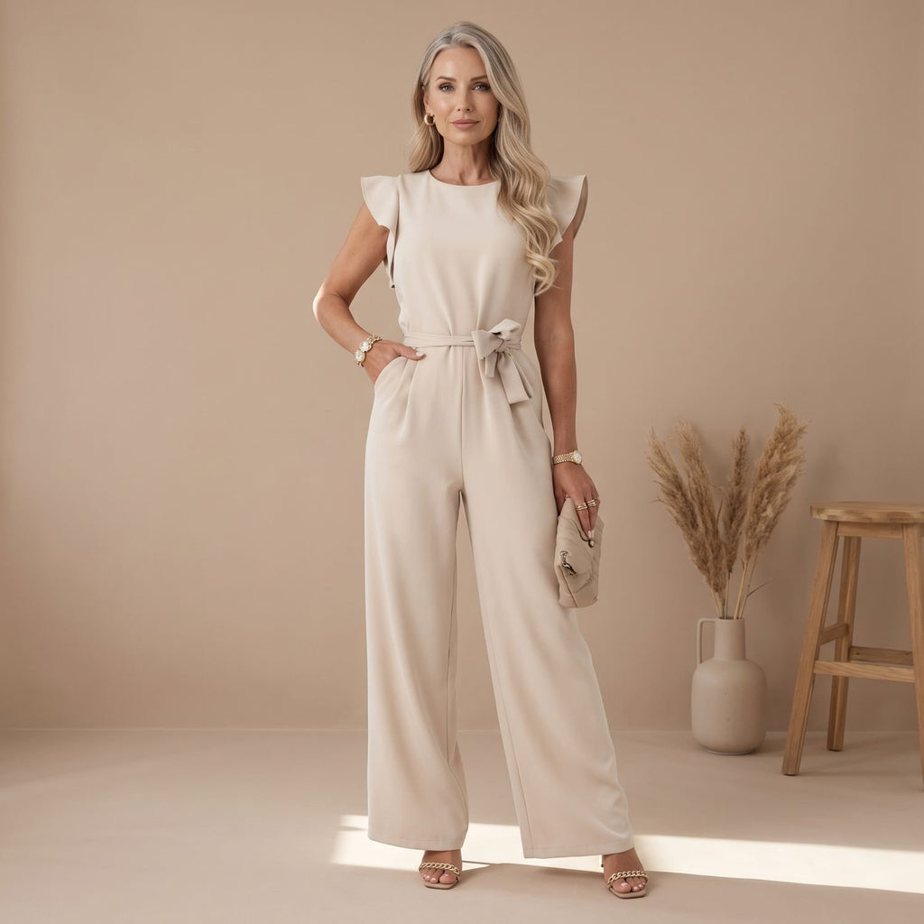 Women's Ruffle-Sleeve Belted Wide-Leg Jumpsuit - Beige