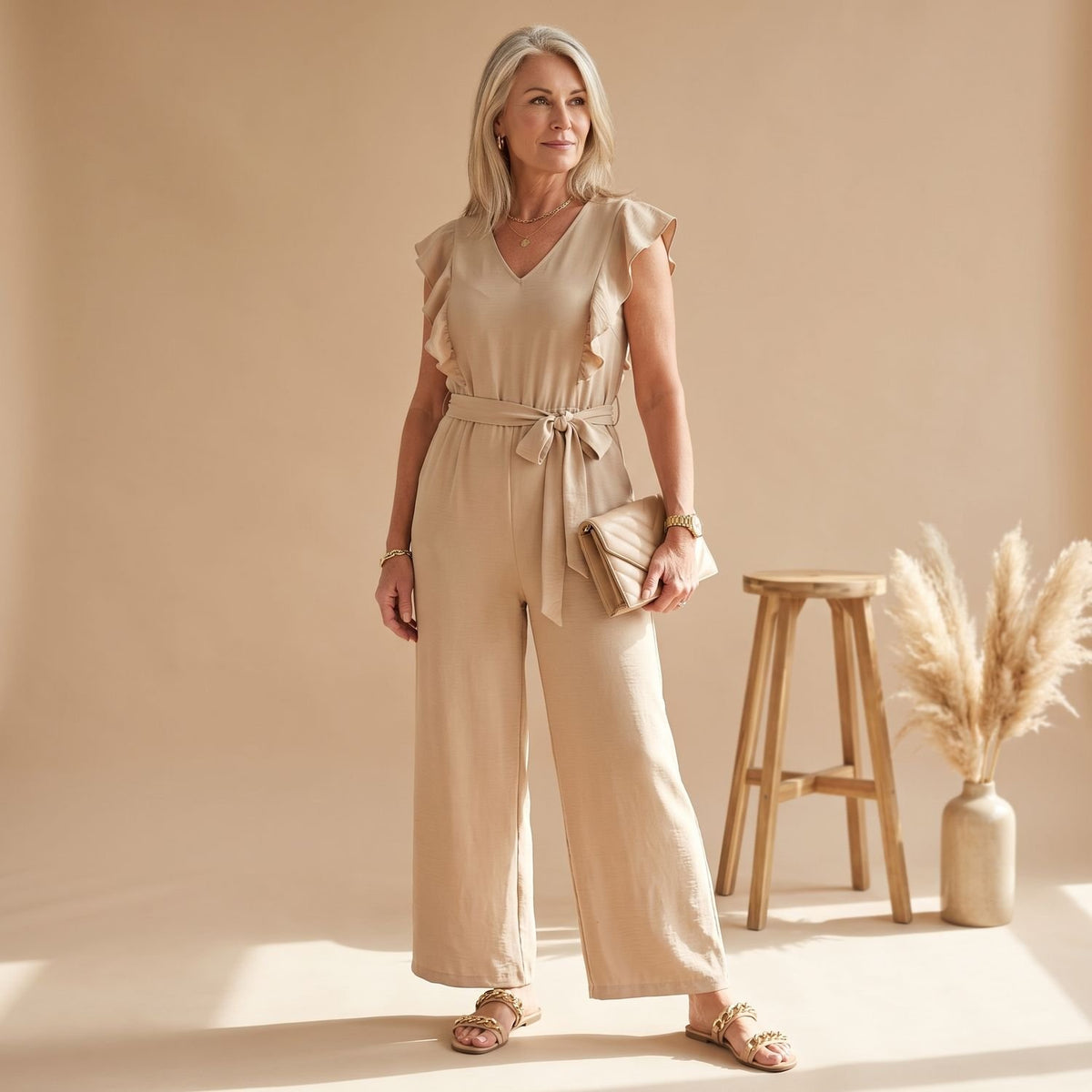 Women's Ruffle-Sleeve Belted Wide-Leg Jumpsuit - White
