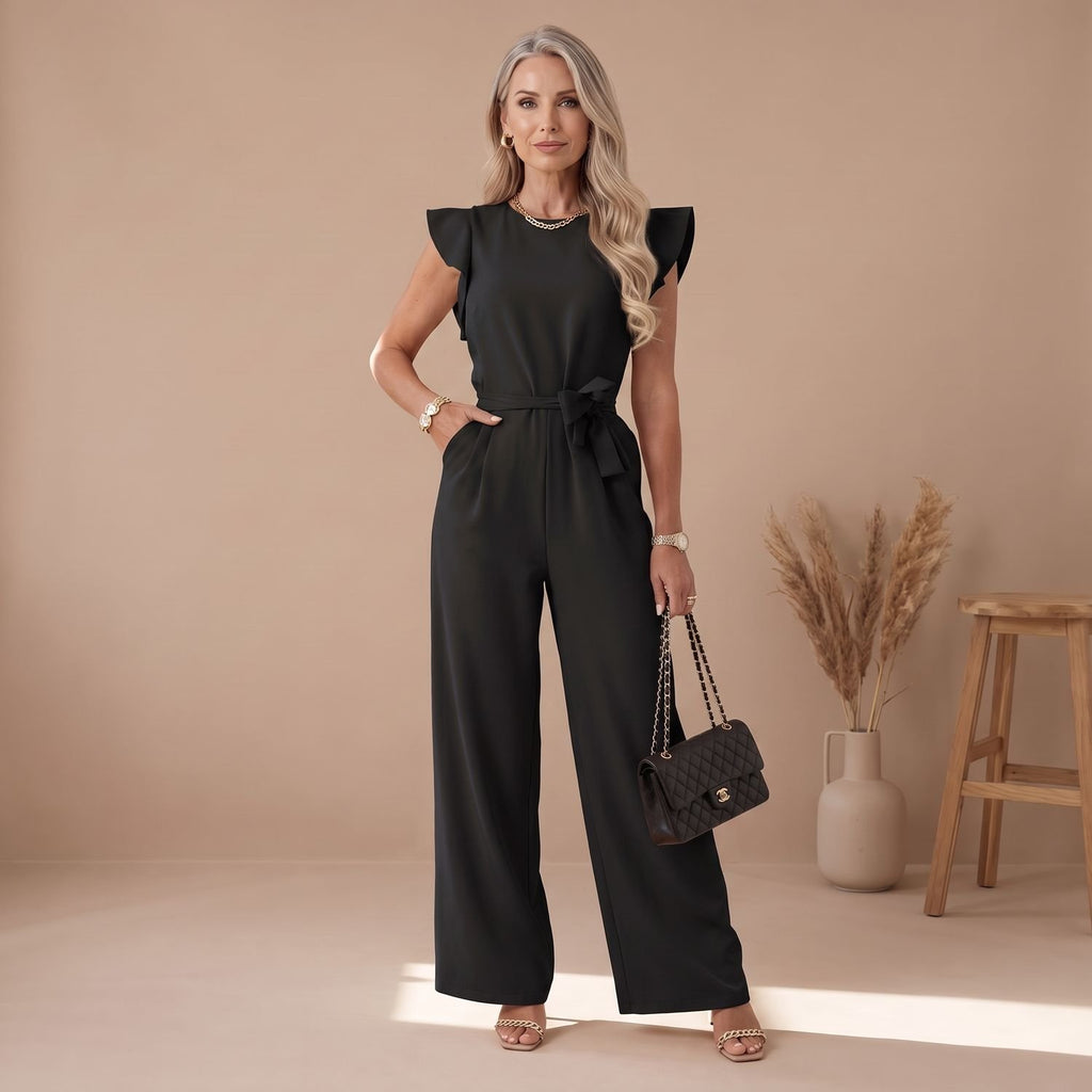 Women's Ruffle-Sleeve Belted Wide-Leg Jumpsuit - Black