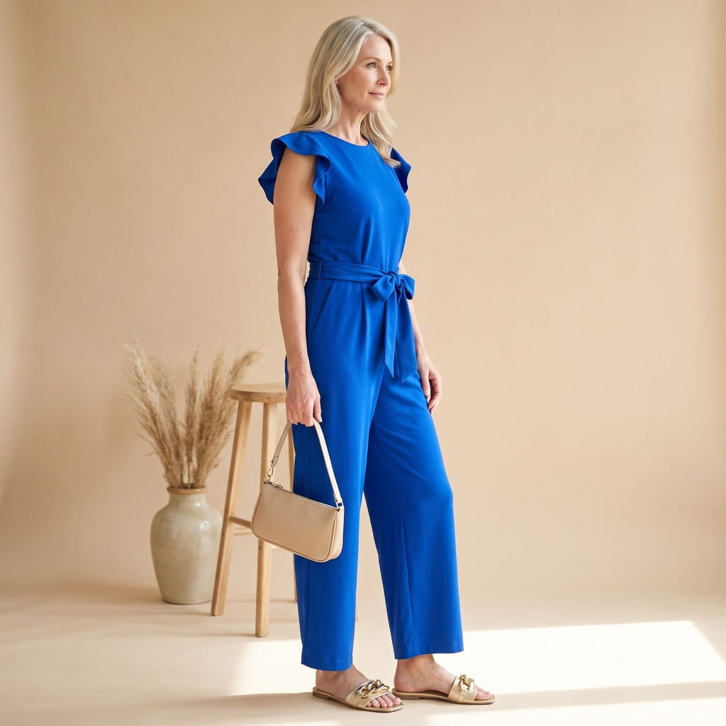 Women's Ruffle-Sleeve Belted Wide-Leg Jumpsuit - Blue