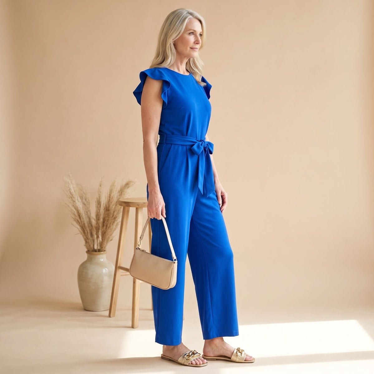Women's Ruffle-Sleeve Belted Wide-Leg Jumpsuit - Blue