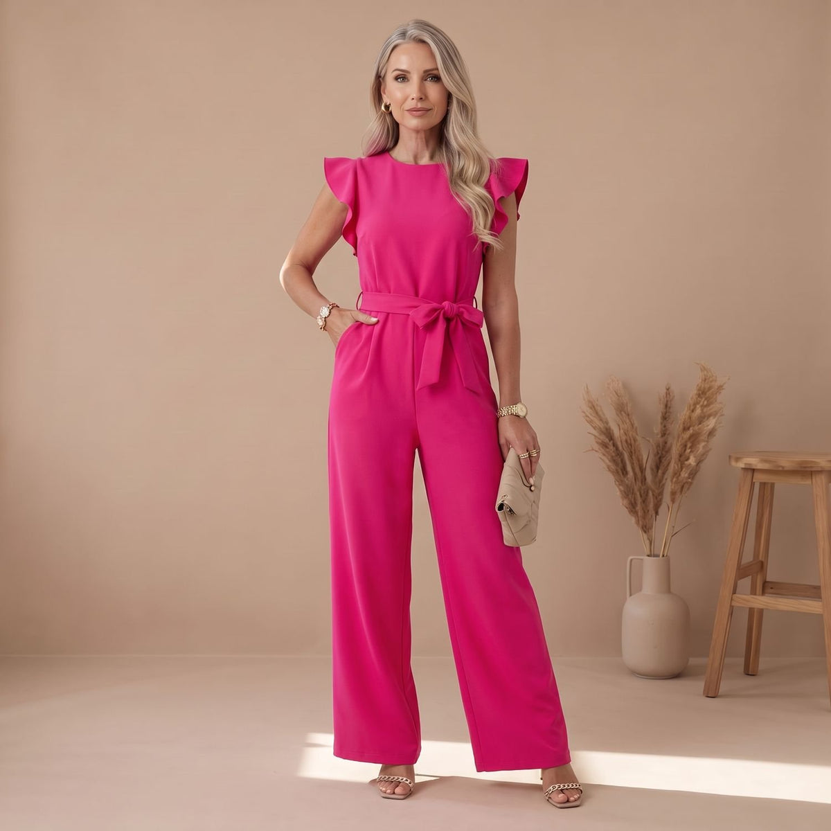 Women's Ruffle-Sleeve Belted Wide-Leg Jumpsuit - Pink