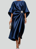 Women's Satin Batwing-Sleeve Draped Brooch-Waist Midi Dress - Navy Blue